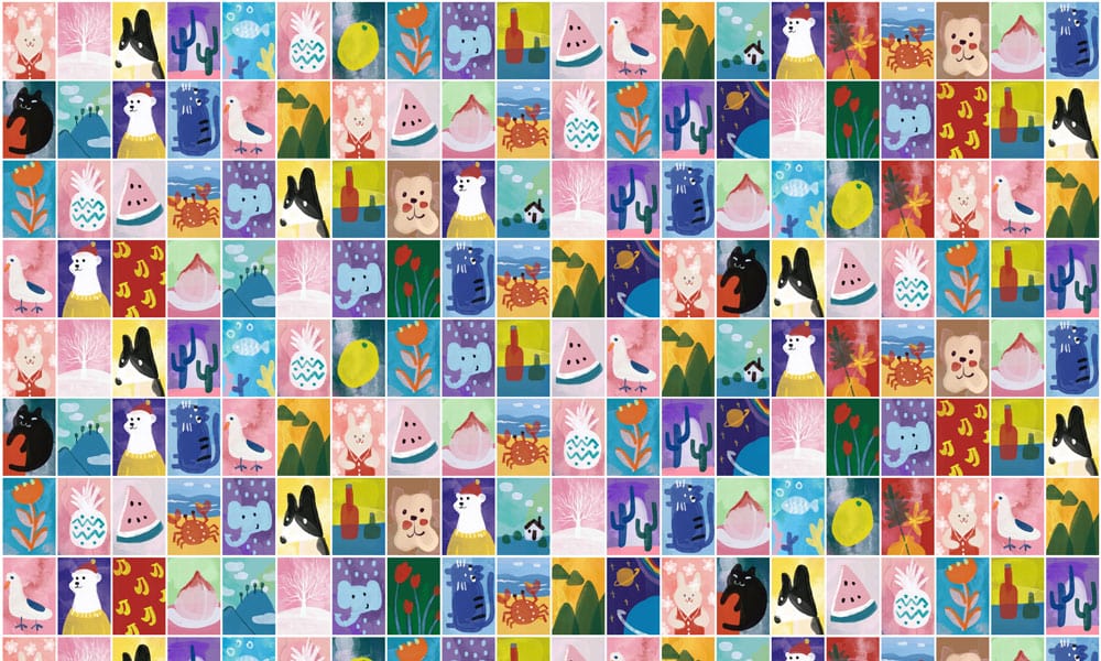 Papier peint mural mignon et abstrait avec illustrations colorées d’animaux et de plantes