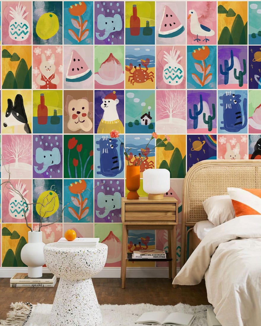 Papier peint mural mignon et abstrait avec illustrations colorées et fantaisistes