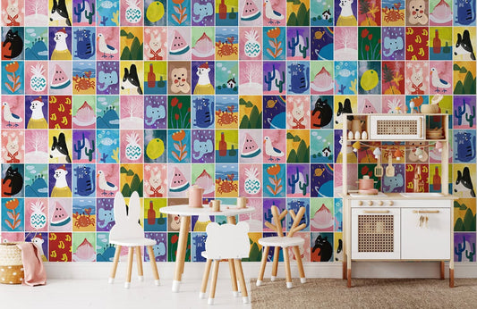 Papier peint mural coloré avec animaux, plantes et objets illustrés, design mignon et abstrait