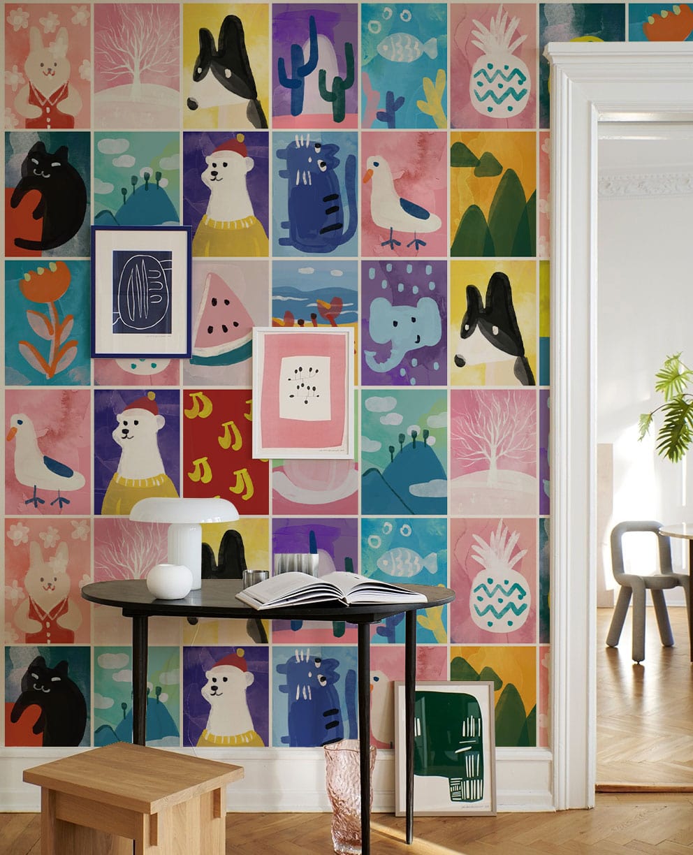 Papier peint mural mignon et abstrait avec un motif coloré et illustré en grid