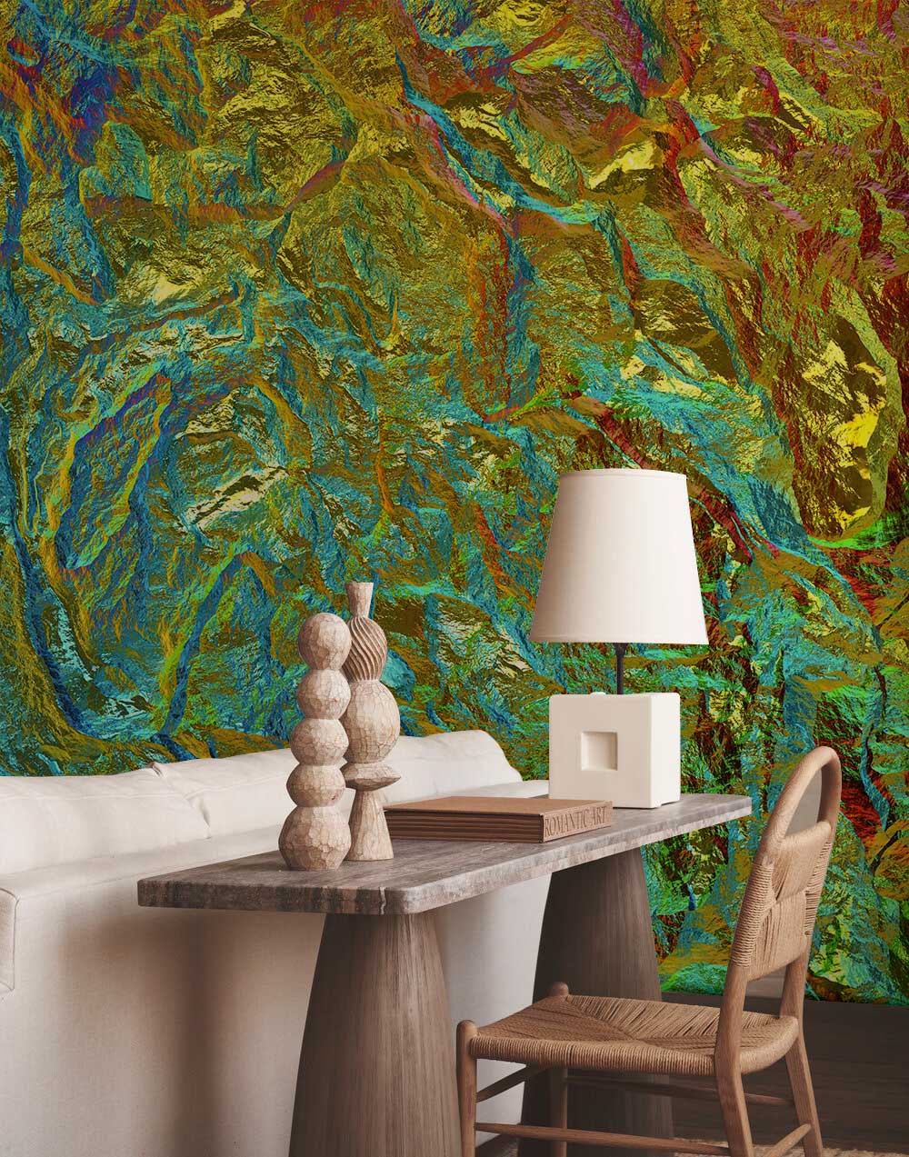 Papier peint mural minéral doré et coloré avec texture montagneuse pour décoration intérieure