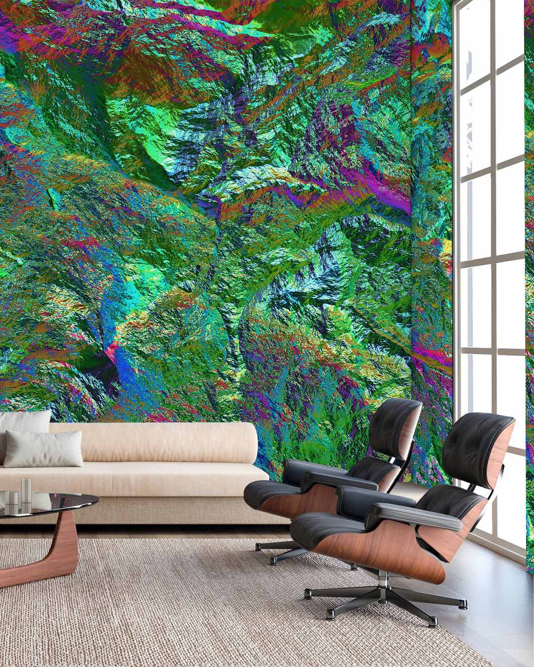 Mur mural minéral vert dans un salon moderne avec un mur abstrait coloré
