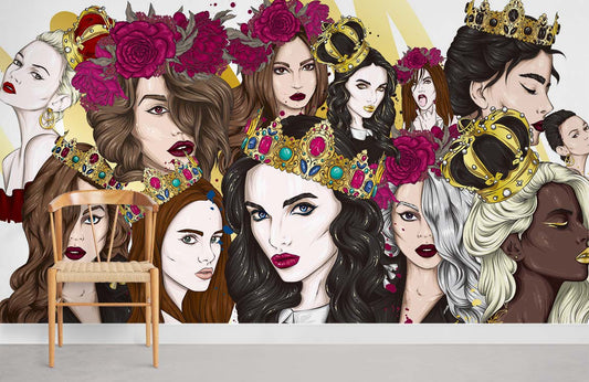 Murale Miss Monde vibrant avec femmes diverses portant couronnes et fleurs, papier peint mural