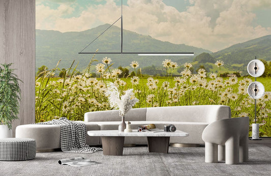 Peint mural Monde des Marguerites dans un salon moderne avec papier peint mural nature