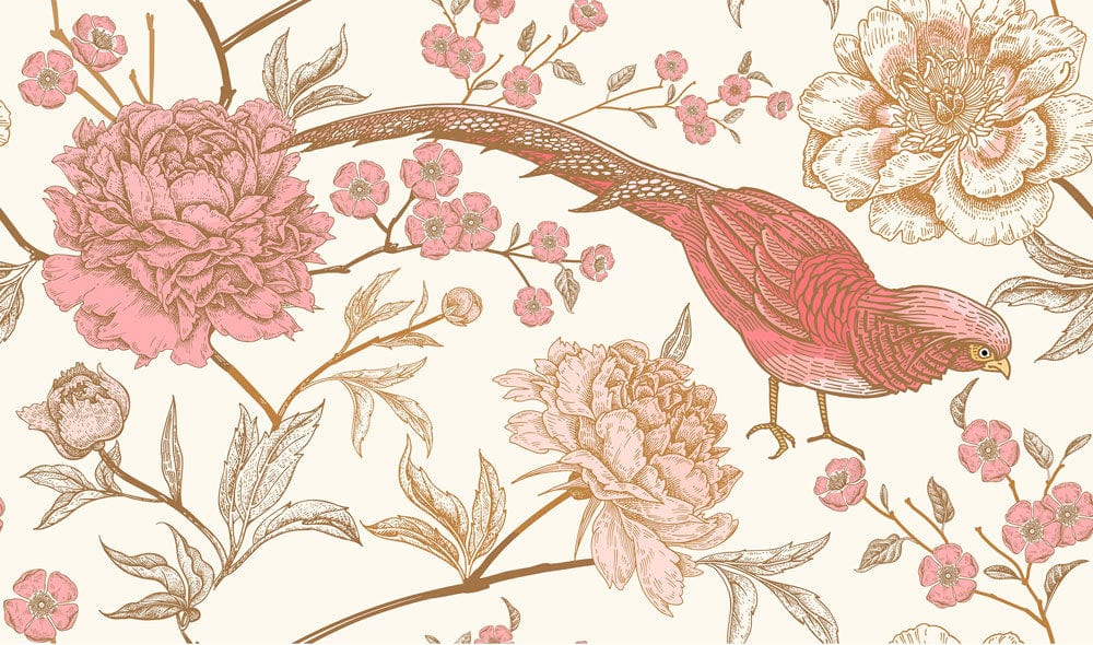 Papier peint mural Monde Rose avec motif de faisan rouge et pivoines roses
