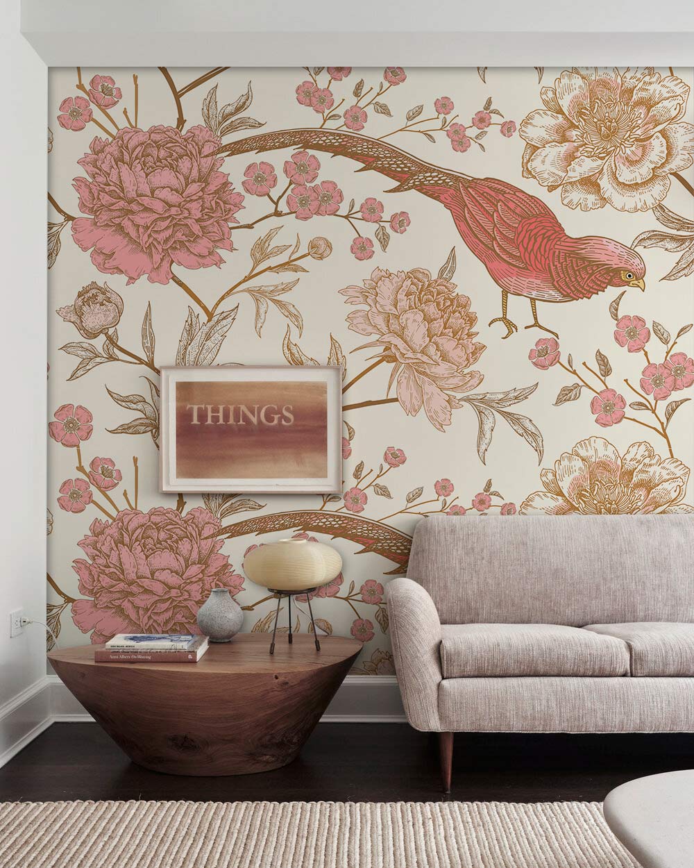 Papier peint mural Monde Rose avec motifs floraux et oiseaux en rose, pêche et brun