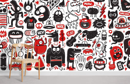 Papier peint mural monstres noir et rouge pour décoration murale originale et fantastique