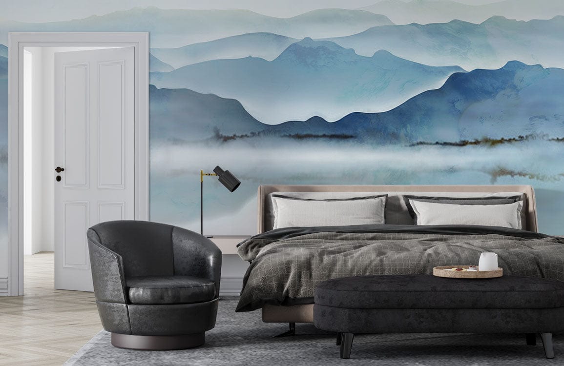 Peint mural montagne d’encre et lac dans une chambre avec mobilier gris foncé