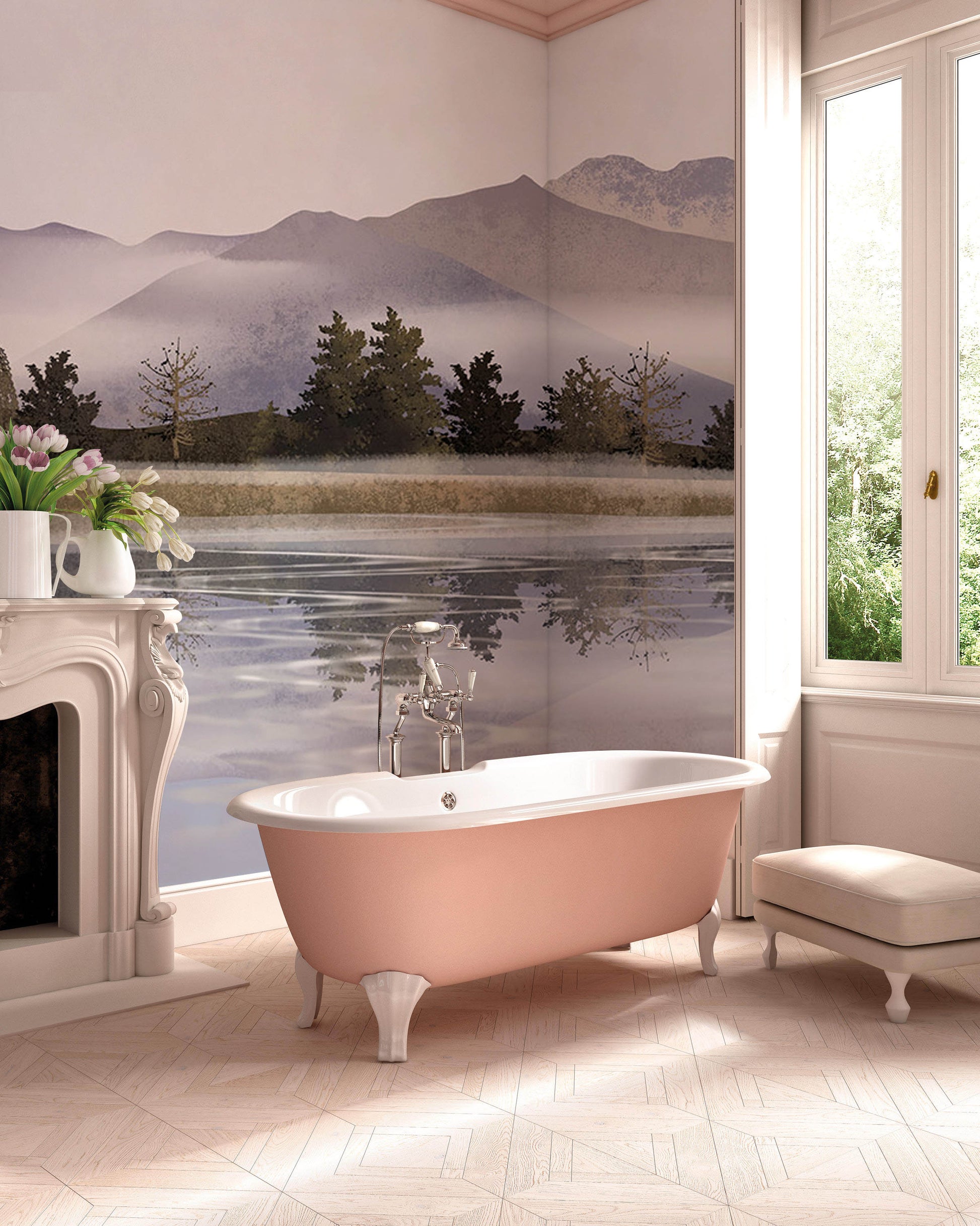 Alt texte pour une image de baignoire rose avec robinet chrome dans Papier Peint Mural Montagne du Mystère, idéal pour un peint mural montagne