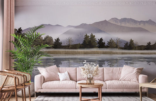 Sofa en tissu rose clair avec coussins, idéal pour un papier peint mural montagne
