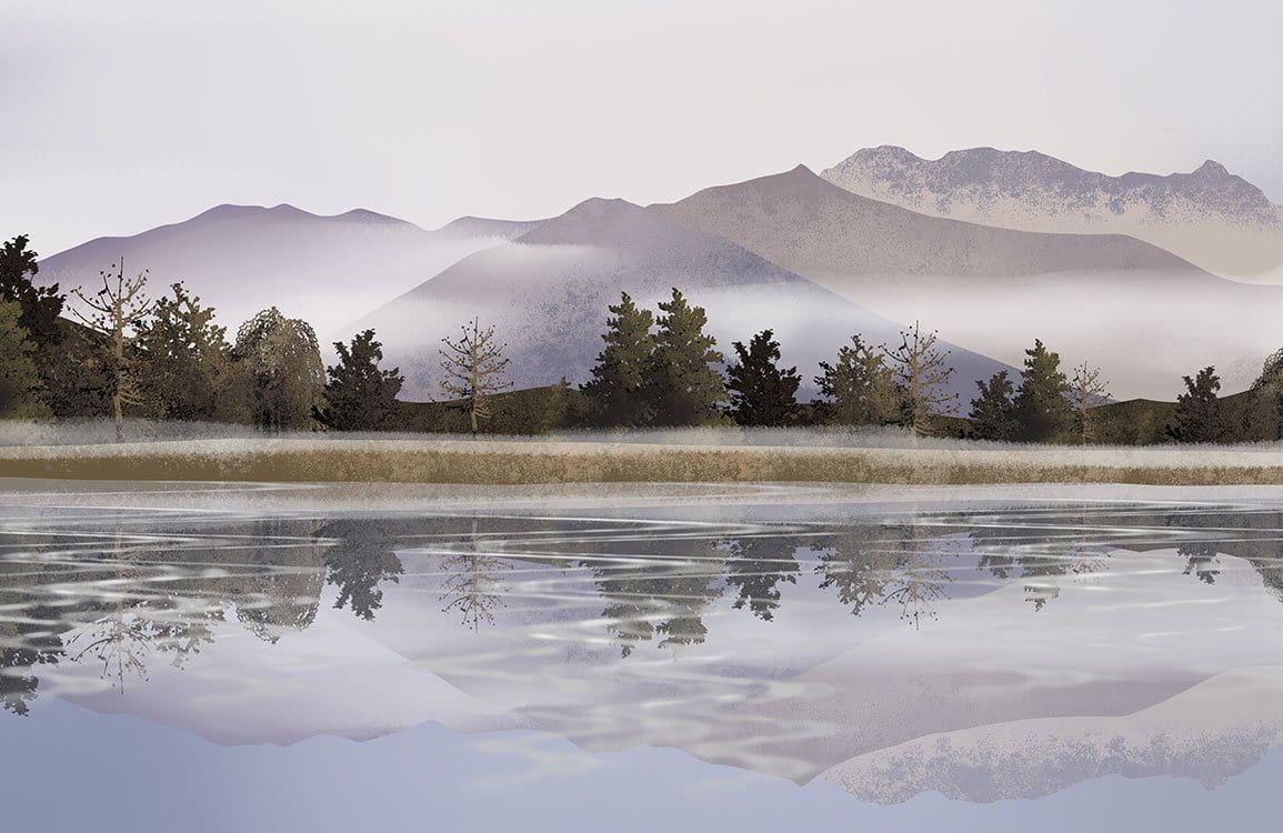 Peint mural montagne avec lac refletant montagnes et arbres pour papier peint mural montagne