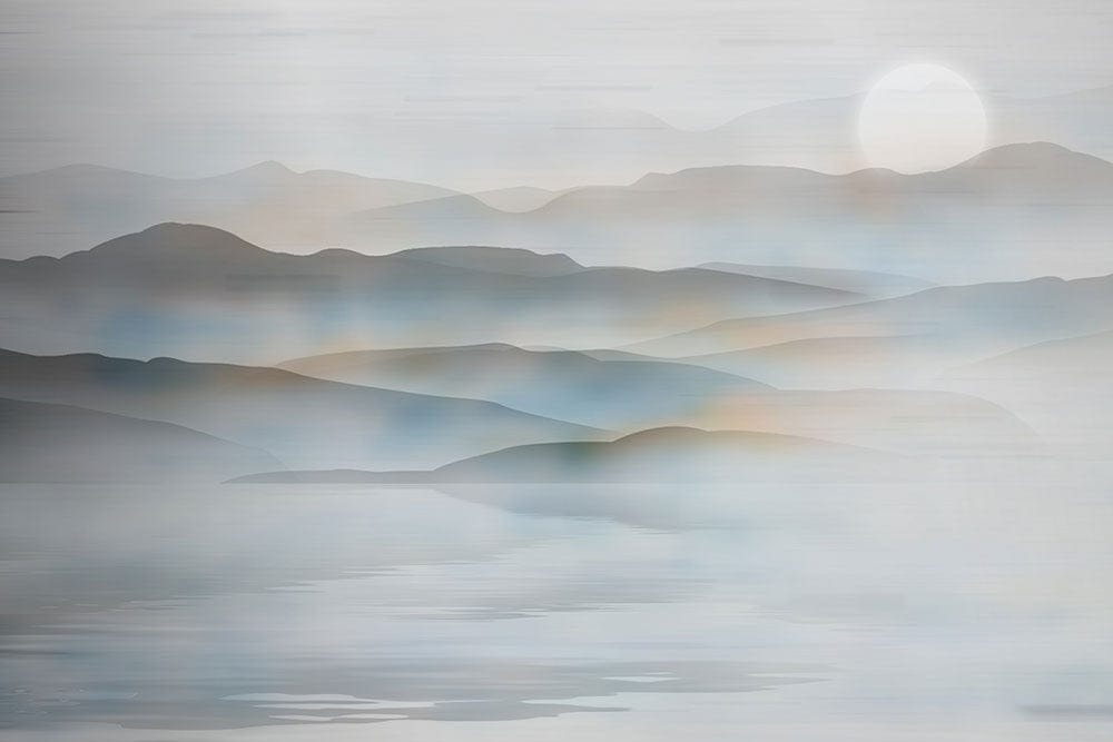 Papier peint mural montagne encre avec paysage brumeux, soleil ou lune lumineux