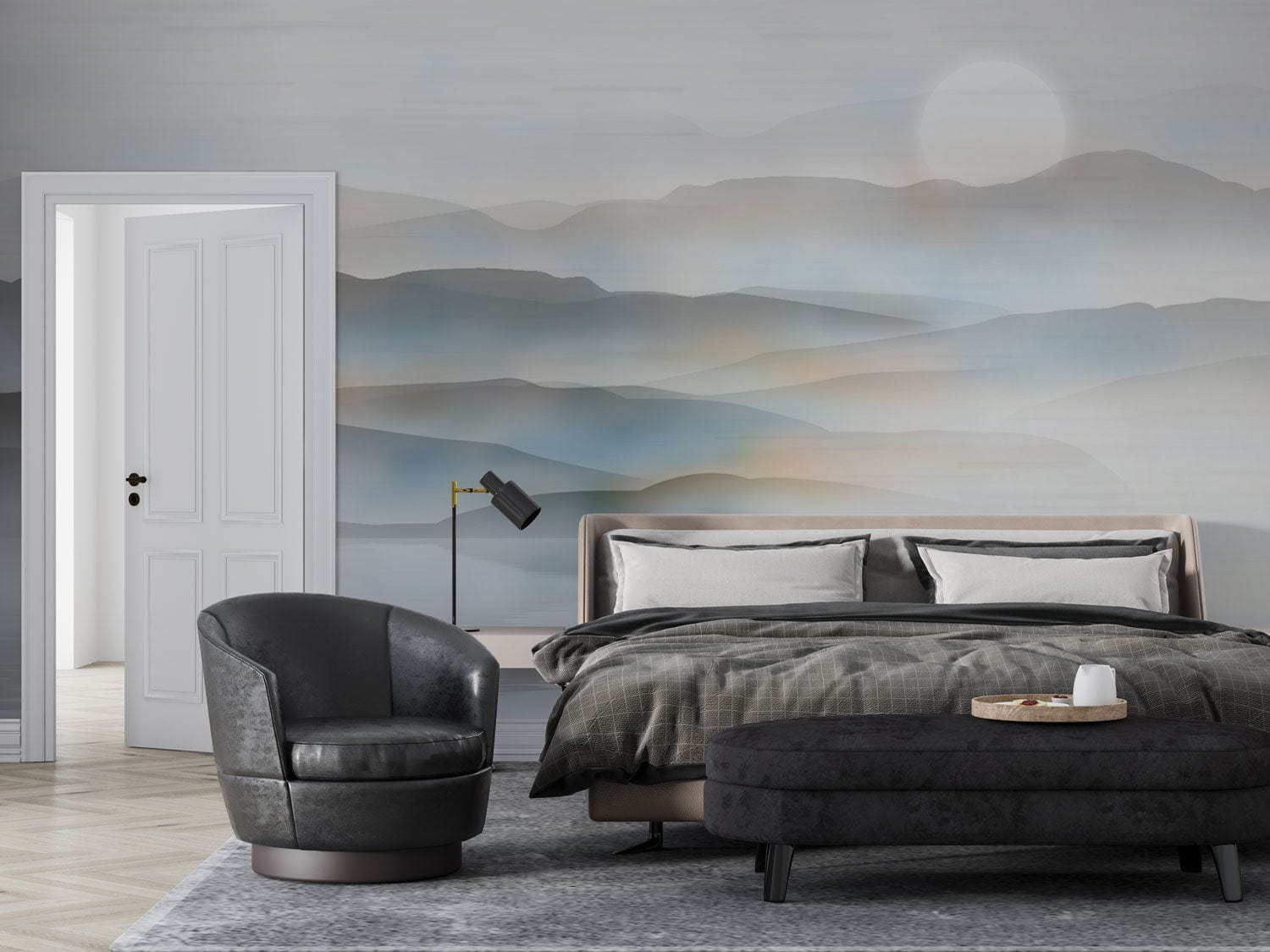 Papier peint mural montagne encre dans une chambre moderne avec lit gris foncé et fauteuil noir