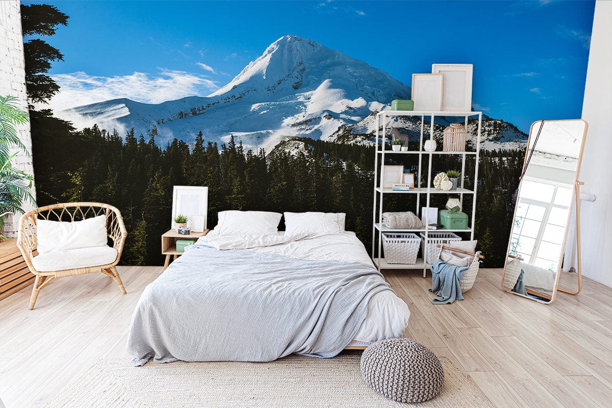 Peint mural montagne et forêt dans une chambre spacieuse avec mural paysage montagne