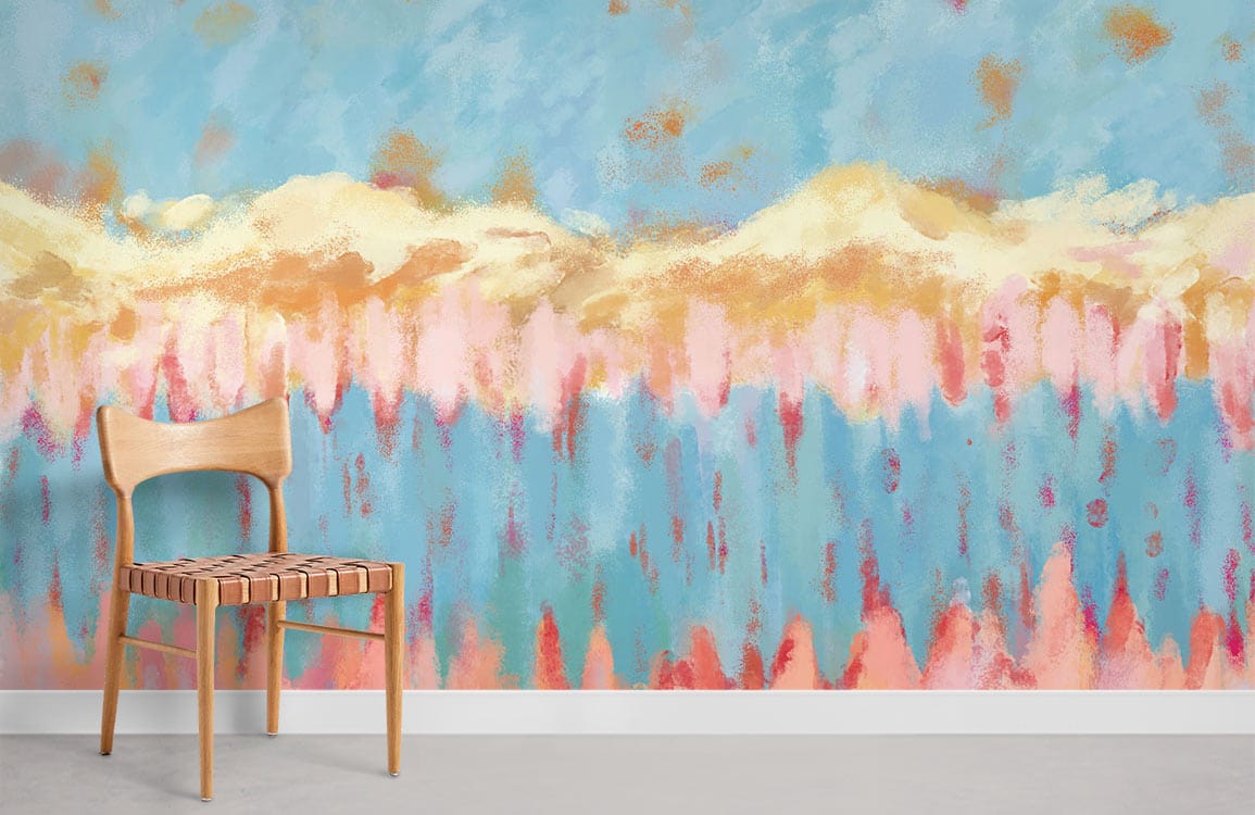 Chaise en bois clair avec siège en cuir tissé, idéal pour papier peint mural montagne