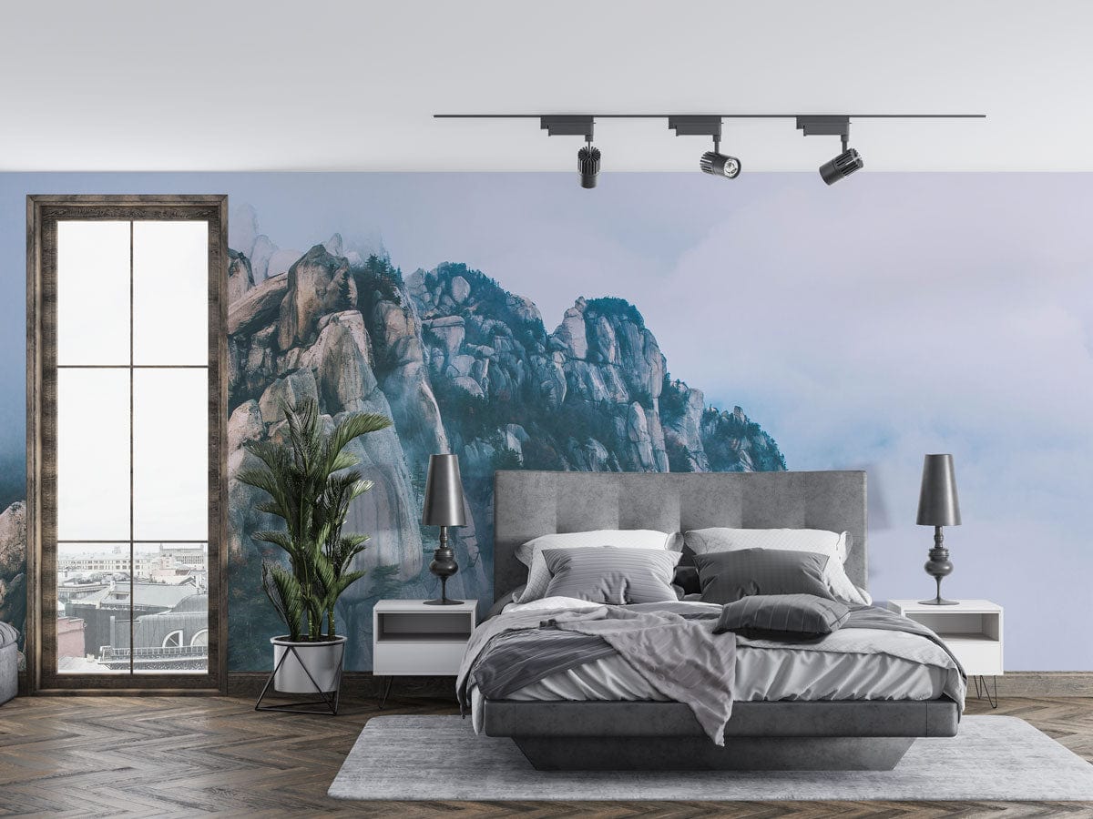 Photo d’une chambre moderne avec un mural montagne sur Nuages et un lit gris