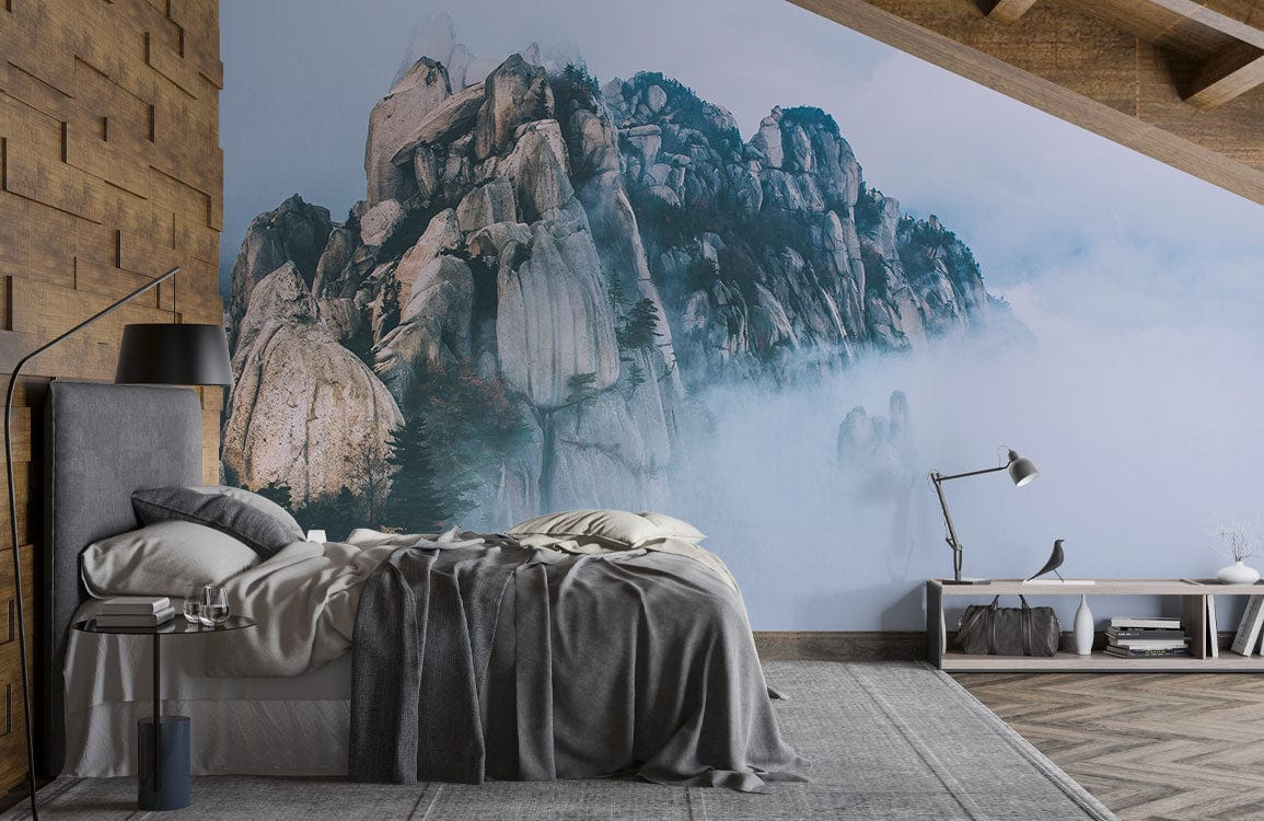 Photo d’une chambre avec un mural montagne sur nuages, papier peint mural montagne