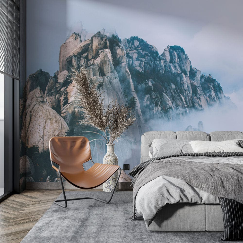 Peint mural montagne avec nuages pour chambre, papier peint mural montagne tendance