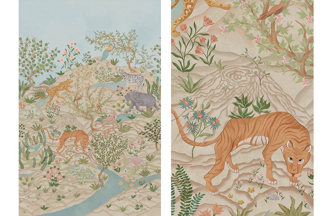 Peinture murale montagnes Énergiques avec paysage exotique et animaux pour décoration intérieure