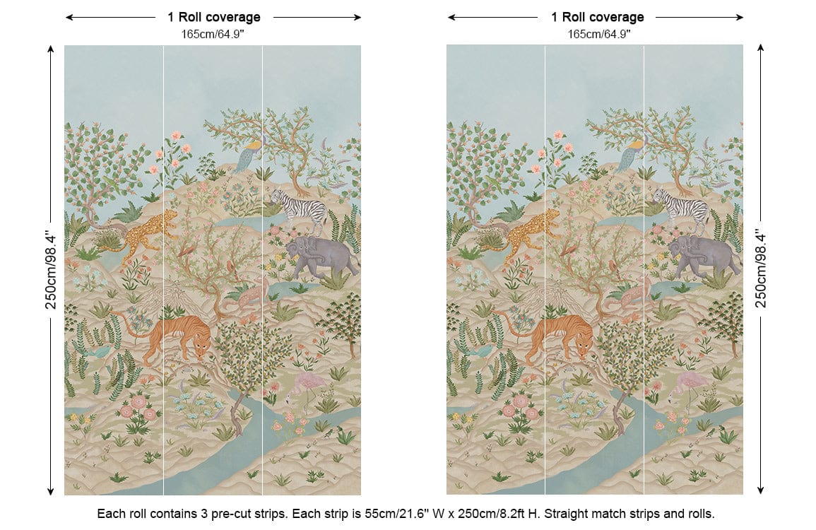 Rouleaux de papier peint mural montagnes Énergiques avec motif jungle animal et paysage, dimensions incluses