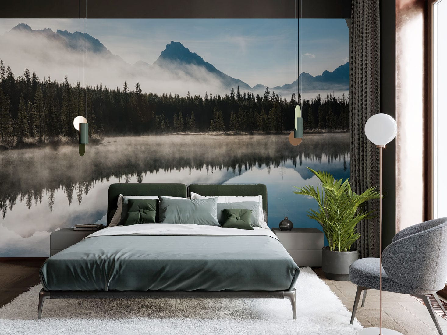 Photo d’une chambre cozy avec un mural montagnes lointaines au lever du soleil