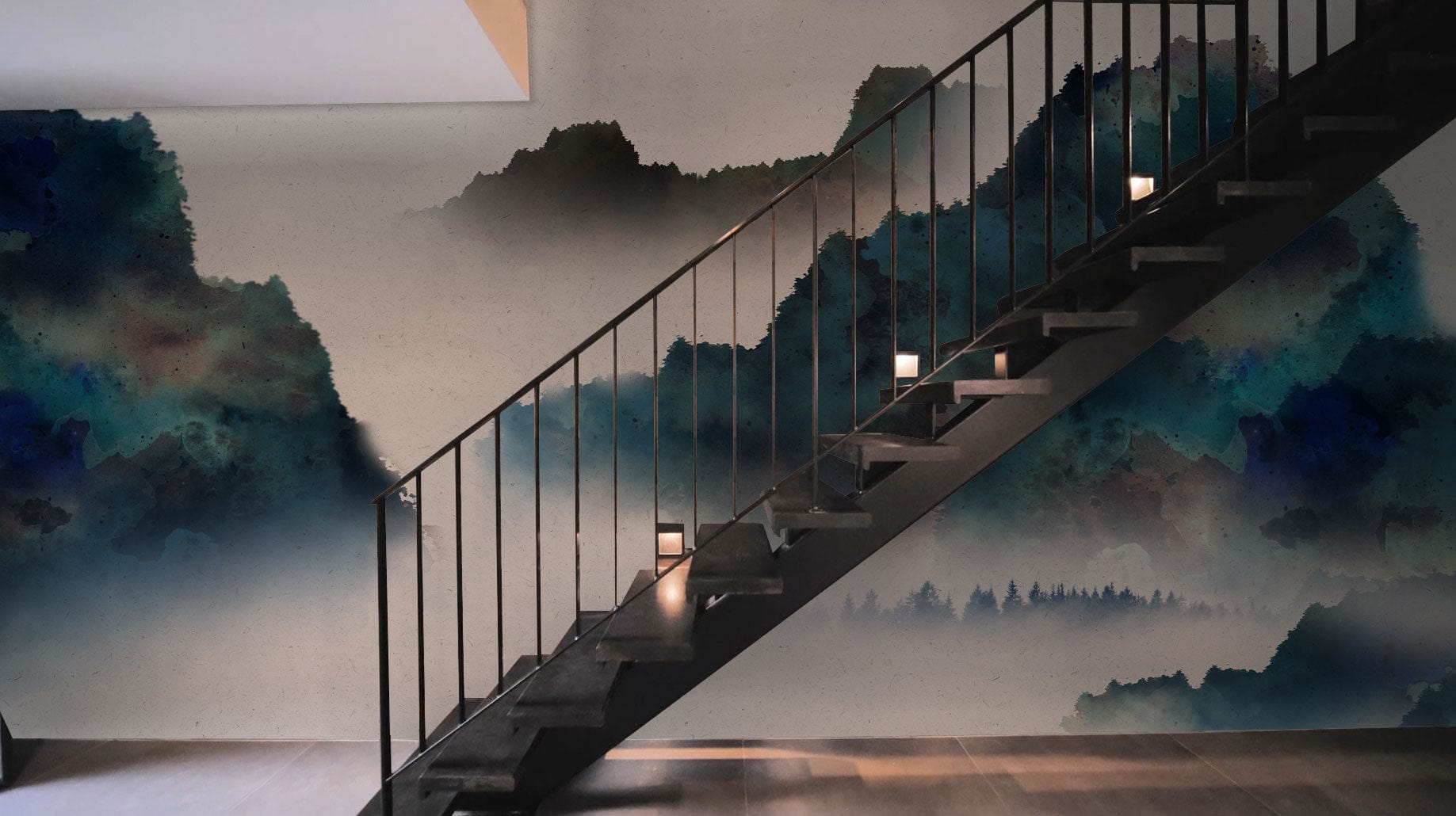 Escalier en métal noir moderne avec éclairage intégré, parfait pour le papier peint mural montagnes virtuelles
