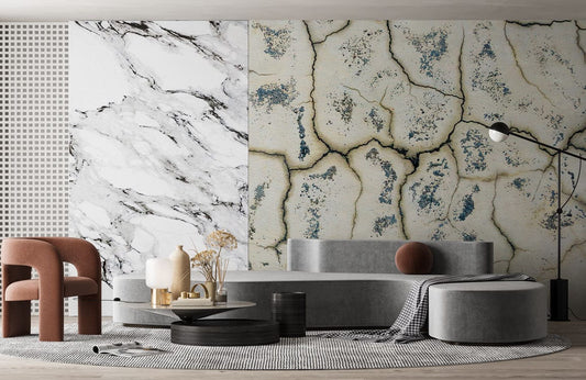 Papier peint mural Morceaux Gercés dans un salon moderne avec textures et mobilier unique