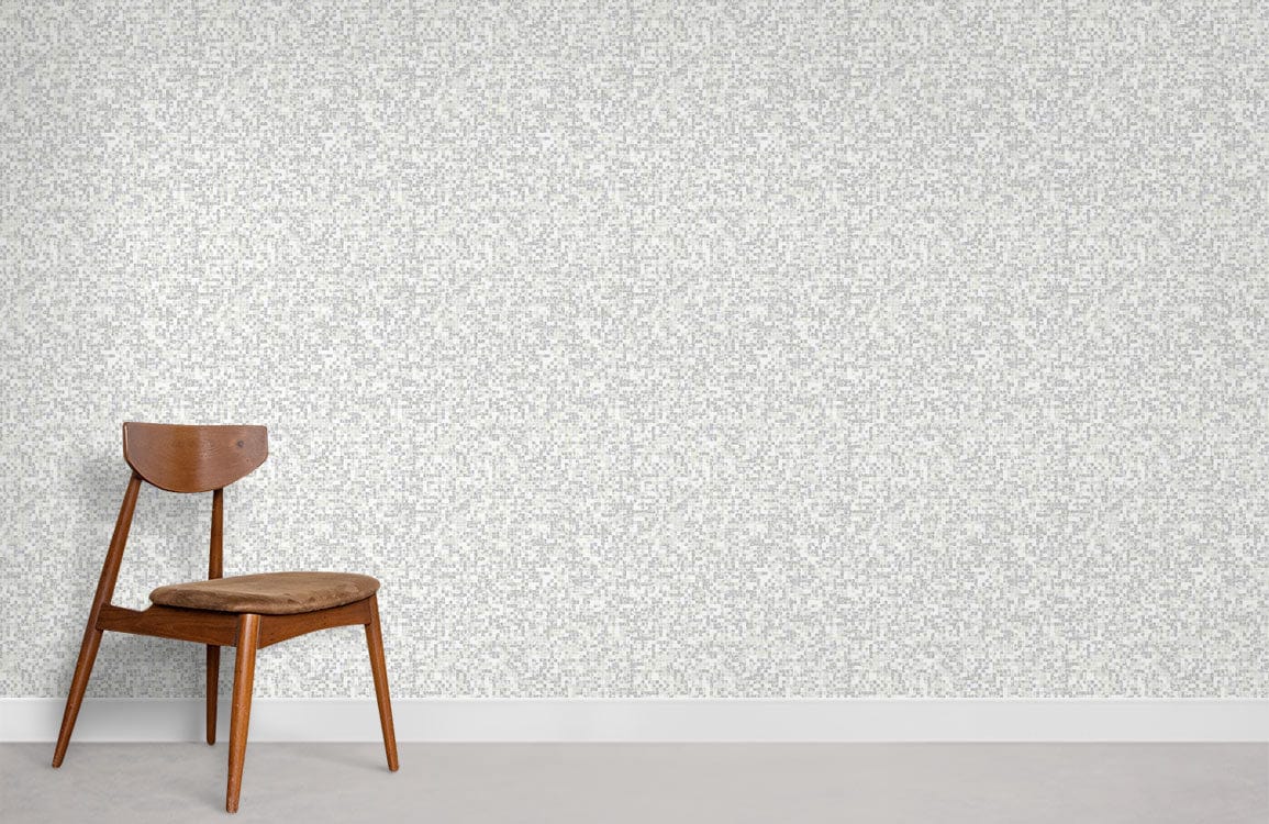 Chaise en bois avec siège rembourré marron sur un papier peint mural mosaïque blanche