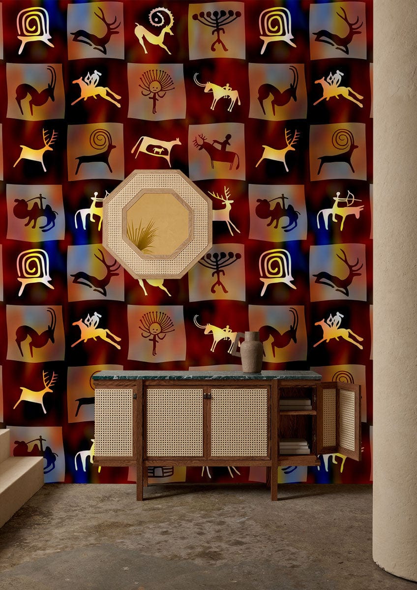 Alt texte d’une pièce avec un meuble en bois, portes en cannage tissé, top en marbre, idéal pour un peint mural ou mural mosaïque d’héritage tribal