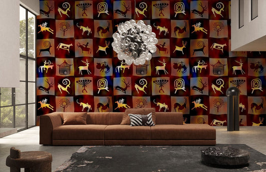 Canapé sectionnel moderne marron avec coussins décoratifs sur le mural mosaïque d’héritage tribal