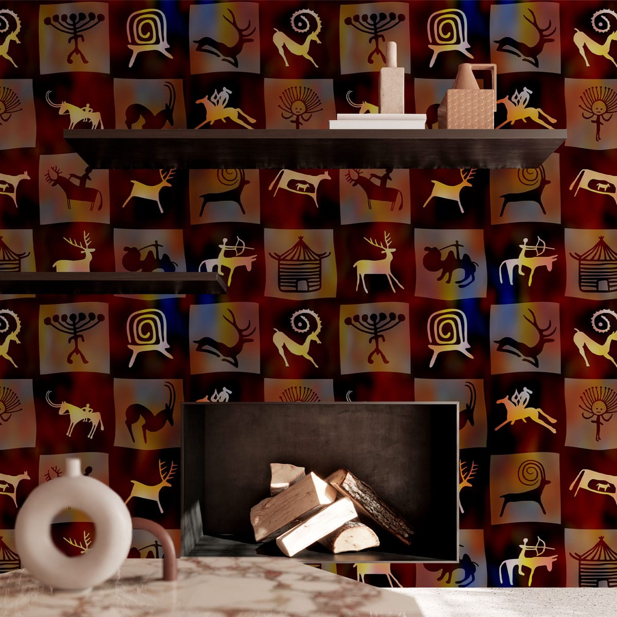 Peint mural mosaïque d’héritage tribal avec figures animales et humaines colorées