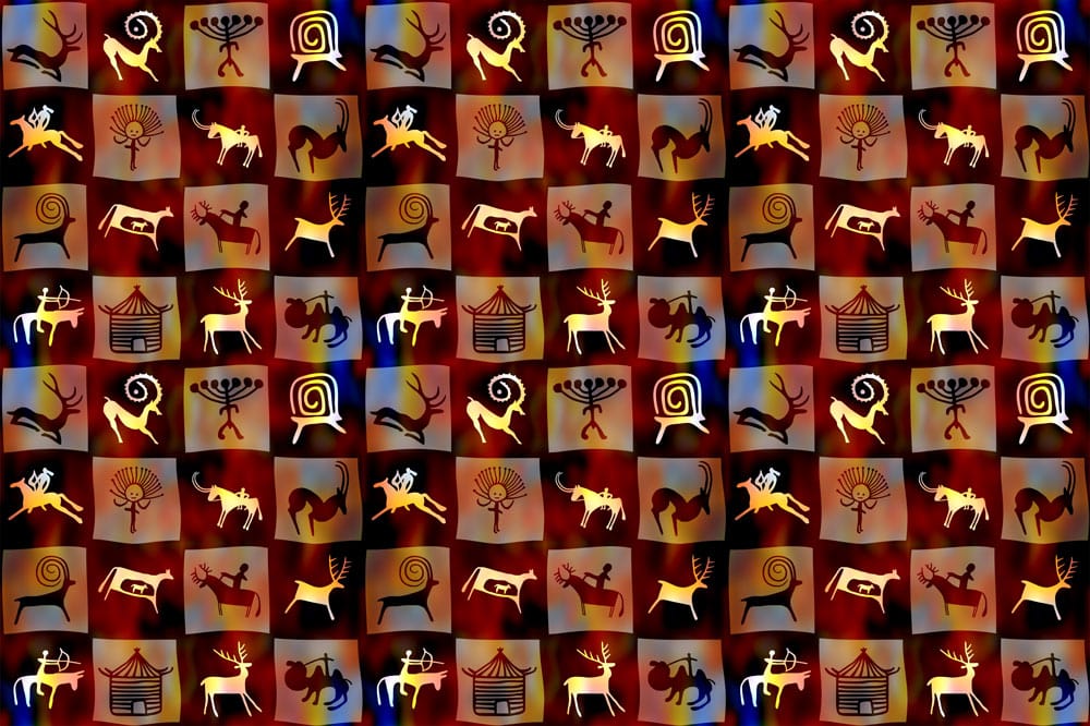 Alt texte montrant un motif répétitif de symboles et animaux d’art rupestre sur fond checkered pour le peint mural mosaïque d’héritage tribal