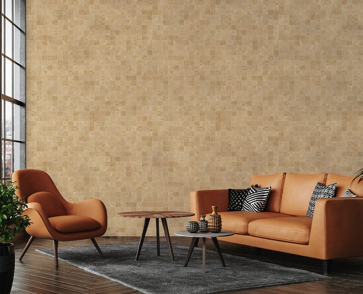 Papier peint mural mosaïque neutre beige couvrant un mur dans un salon moderne