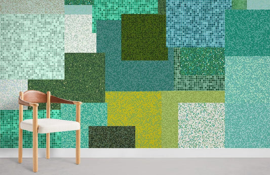 Chaise de salle à manger moderne en bois avec siège rembourré blanc, mural mosaïque vert multicolore