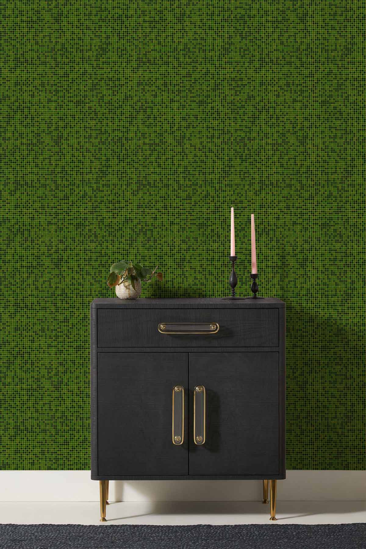 Arrière-plan avec un meuble en bois gris foncé et or, idéal pour peinture murale mosaïque