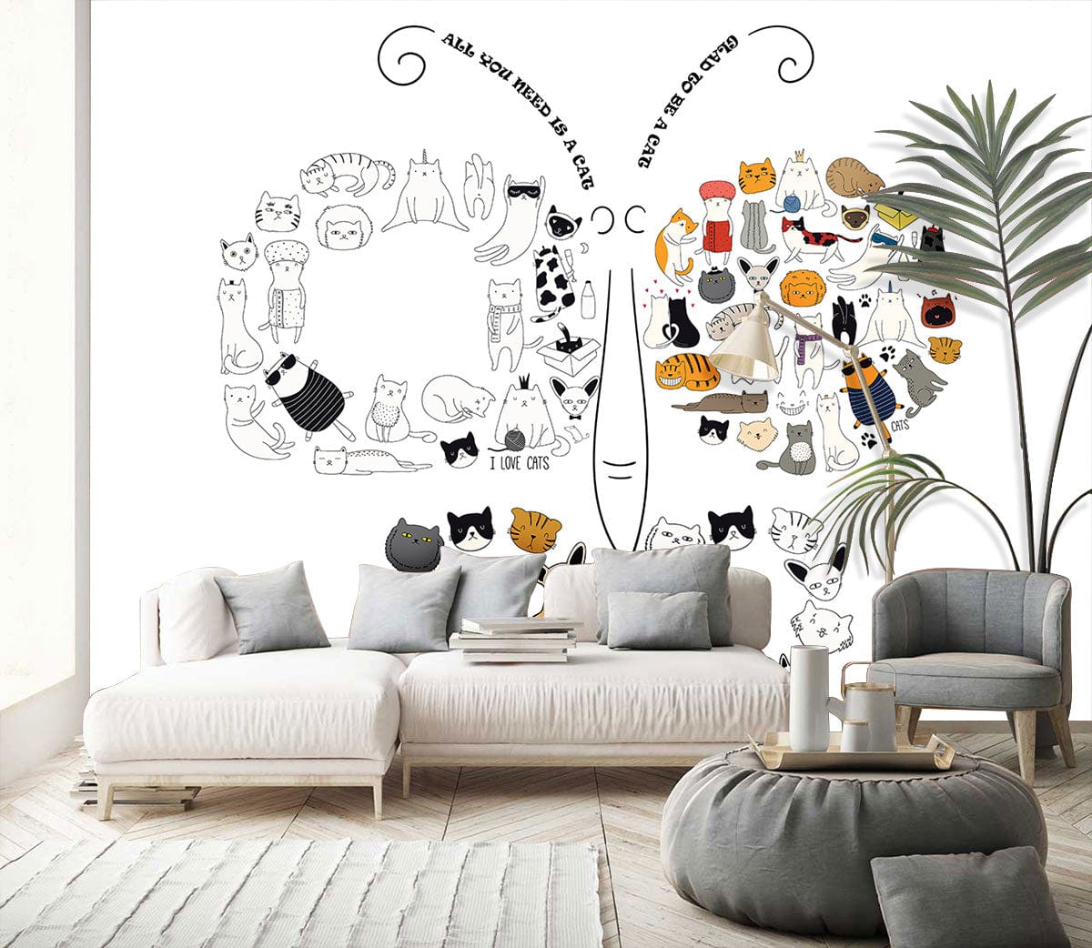 Papier Peint Mural Motif Chat et Papillons - Le meilleur Papier peint panoramique Sur mesure