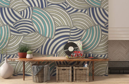 Papier peint mural motif coquillages avec motif abstrait en bleu, teal et gris