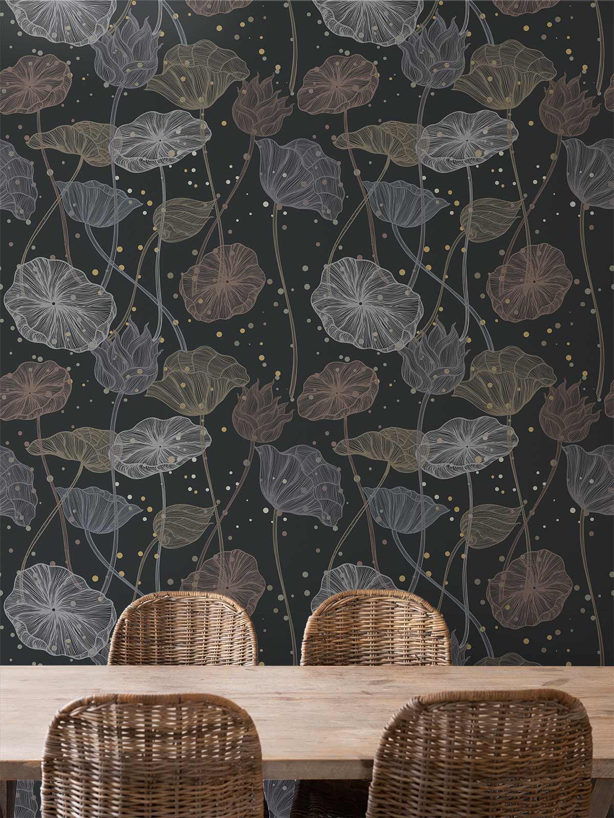 Papier peint mural motif méduse fleurie avec lotus et points sur fond sombre