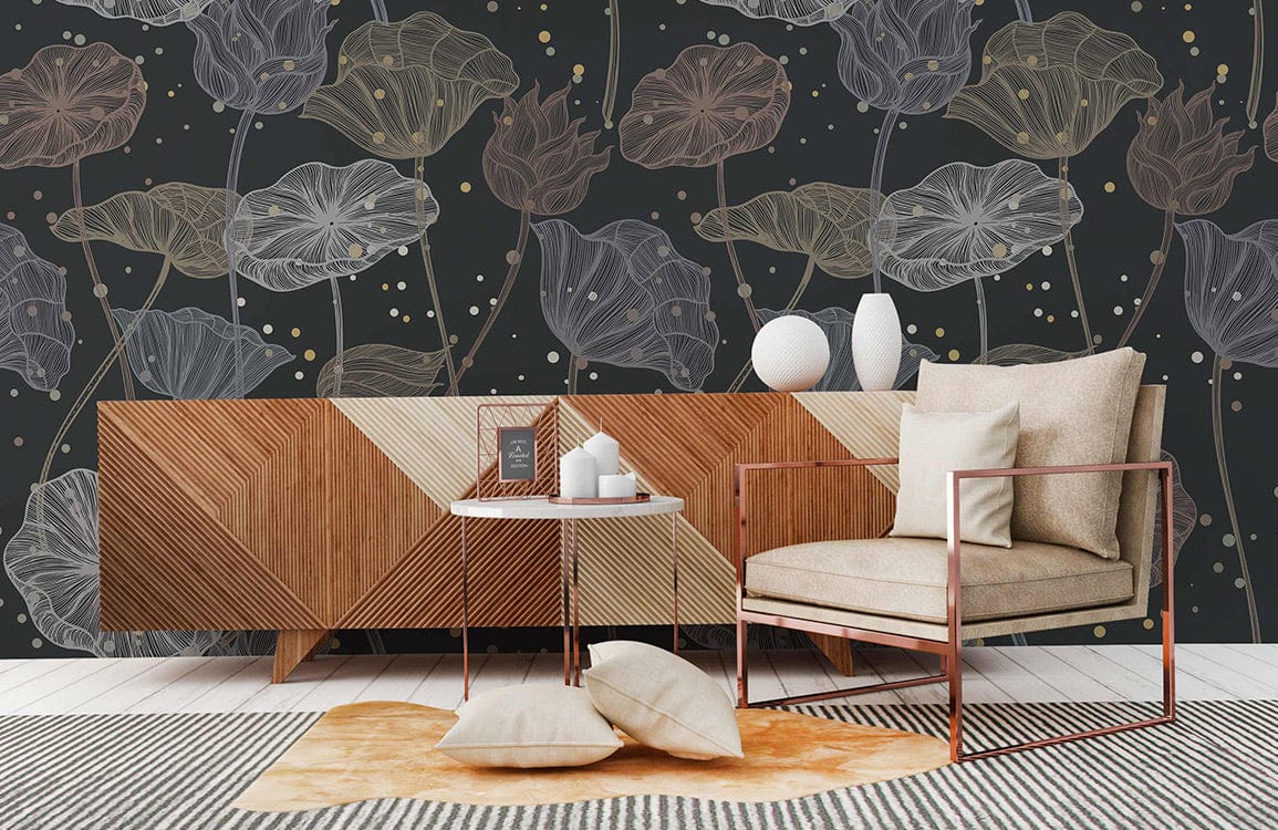 Papier peint mural avec motif méduse fleurie et design géométrique élégant