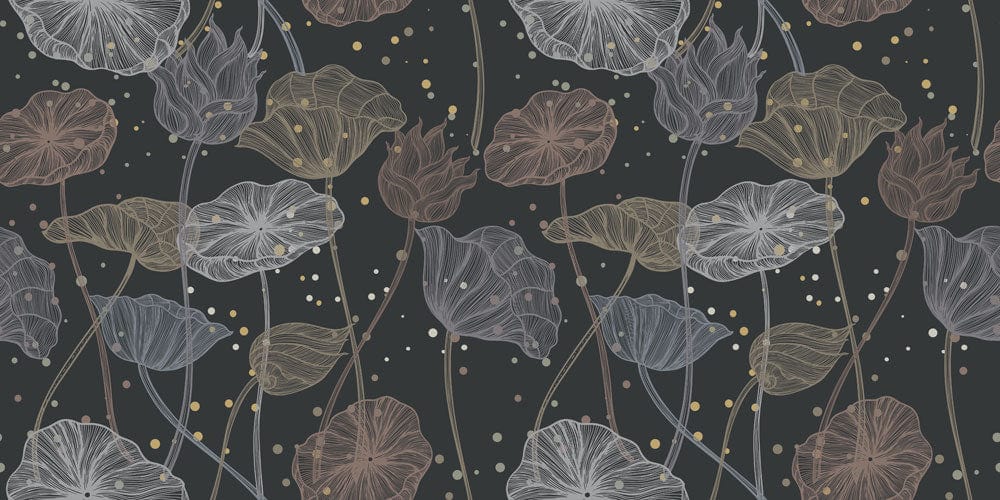 Papier peint mural motif méduse fleurie avec fleurs de lotus stylisées et feuilles