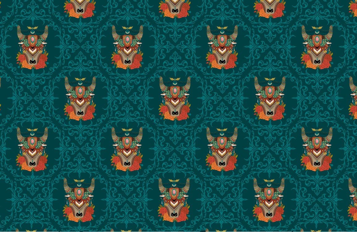 Papier Peint Mural Motif Vache Vintage avec têtes de vache stylisées en orange et blanc