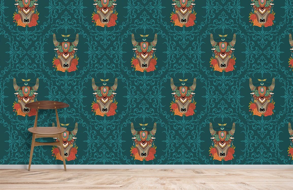 Papier Peint Mural Motif Vache Vintage avec motif vache ornée et tête de bélier