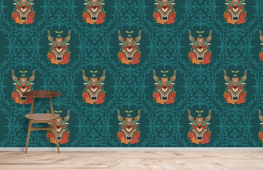 Papier Peint Mural Motif Vache Vintage avec motif vache ornée et tête de bélier
