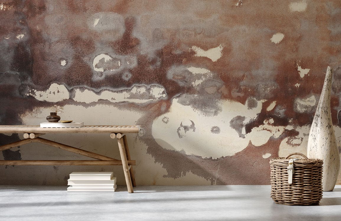 Banquette en bois clair avec support croisé, idéale pour le papier peint mural moucheté