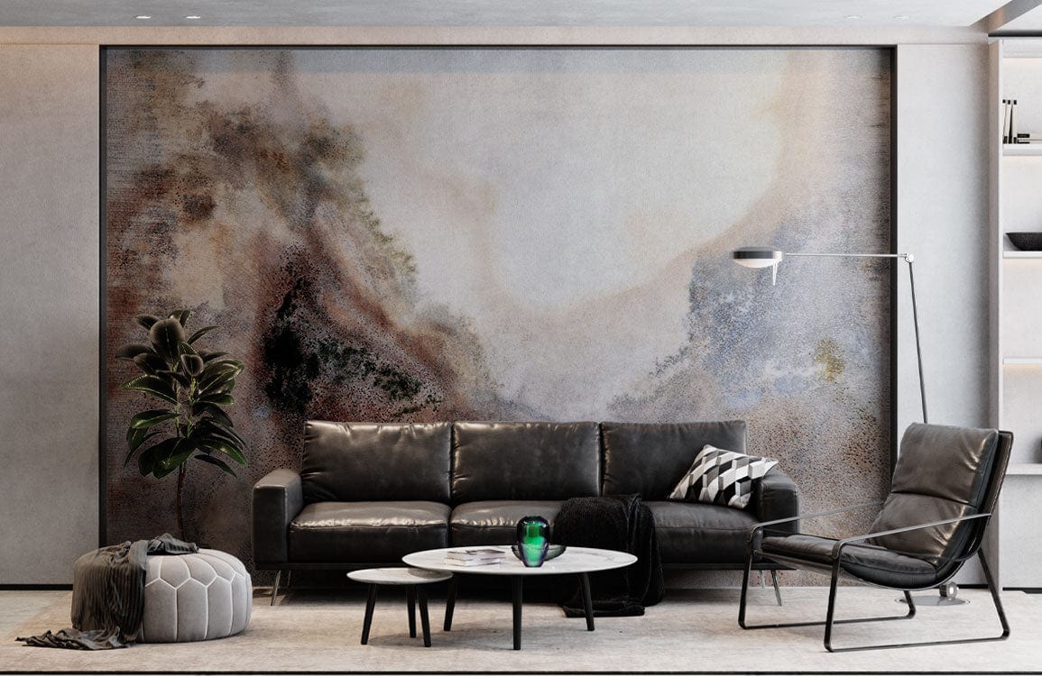 Peint mural contemporain avec canapé en cuir noir et mural Mur infecté dans salon