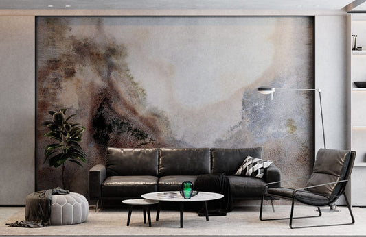 Peint mural contemporain avec canapé en cuir noir et mural Mur infecté dans salon
