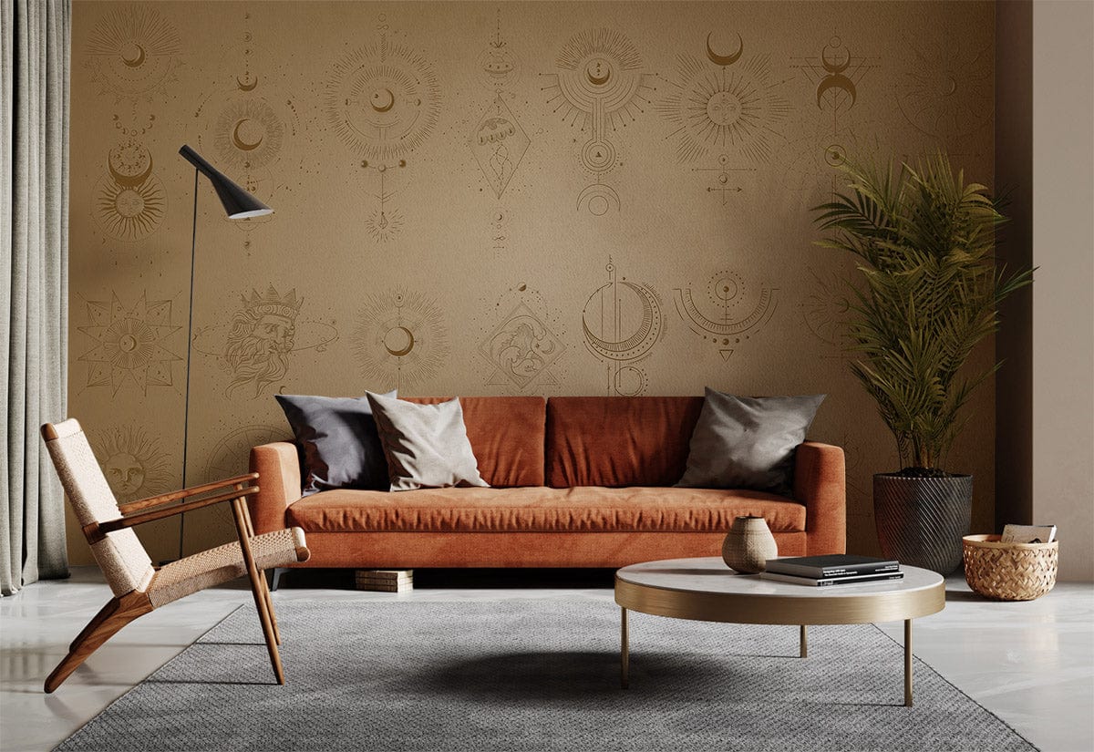 Sofa en velours rusté avec coussins, idéal pour le papier peint mural Mysticisme