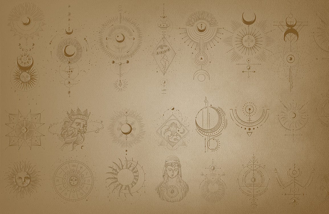 Papier peint mural Mysticisme avec symboles ésotériques célestes et mythologiques pour décoration intérieure