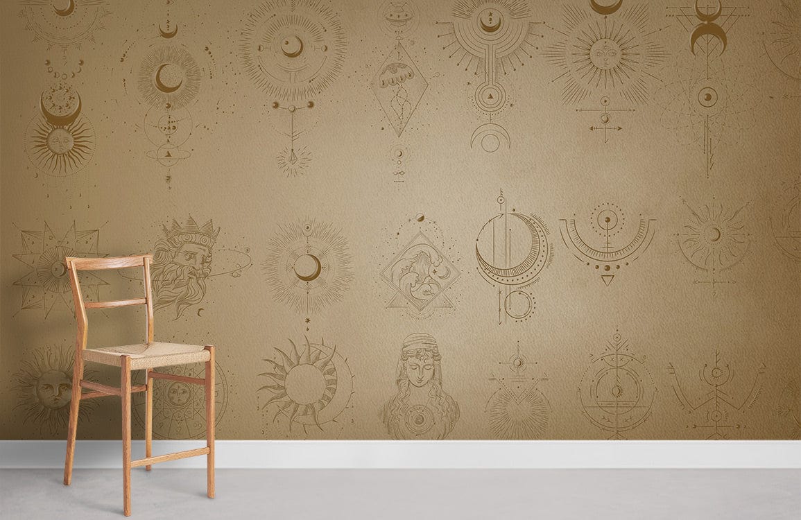 Papier peint mural Mysticisme avec motifs célestes et mystiques en ligne sur fond brun clair