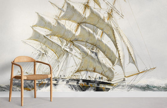Chaise en bois clair avec siège tissé sur le papier peint mural Navigation